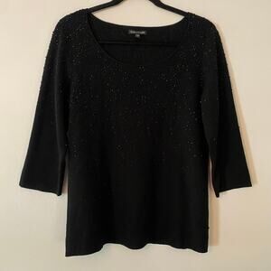 Eileen Fisher Black Beaded 3/4 Sleeve Top Merino Wool Scoop Neck Women's Medium